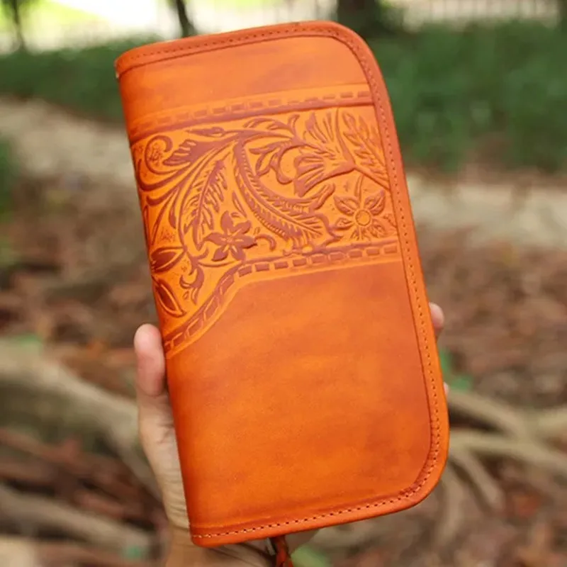 

Vintage Embossing Designer Genuine Tanned Leather Zipper Closure Man Organizer Wallet Men's Card Purse Male Large Day Clutches
