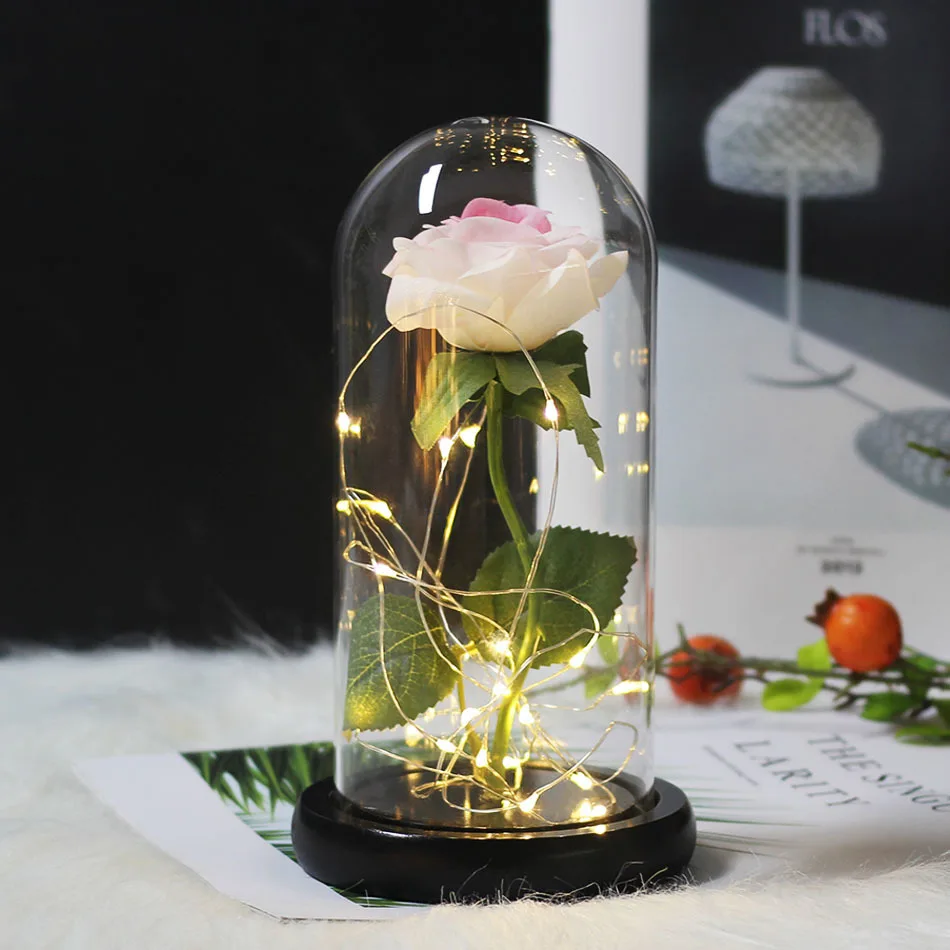 Romantic Gift Preserved Rose Beauty And The Beast Rose Rose In Glass Dome LED Light Forever Rose Red Rose Belle Preserved Rose