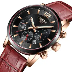 NIBOSI мужские Бизнес часы роскоши кожаный ремешок Хронограф Спортивные Водонепроницаемый мужские наручные часы + подарочная коробка