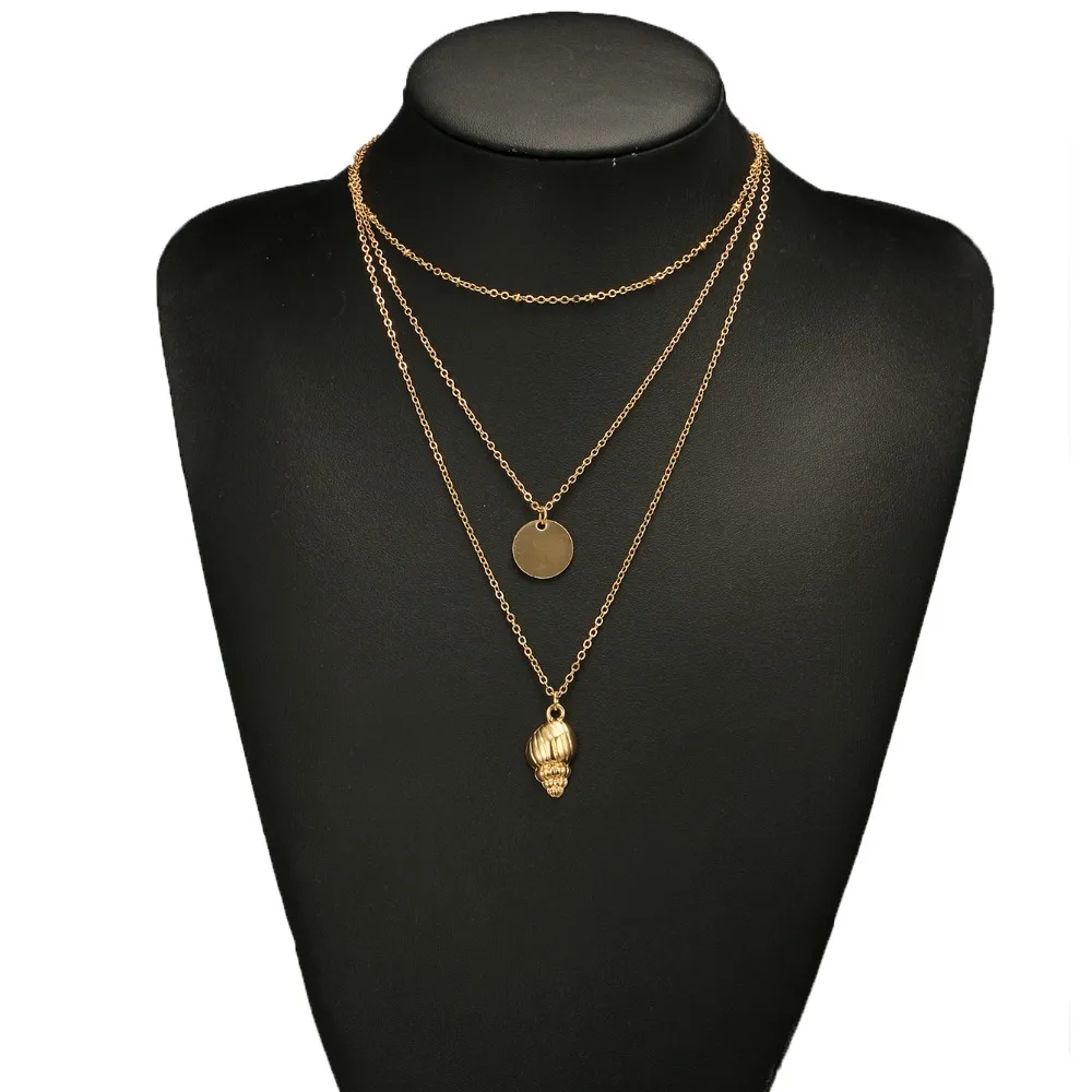 

High Quality Bohemian Gold Color Conch Wa'fe'r Pendant Necklace for Women Girl Charm Layered Necklace Vintage Jewelry Collar
