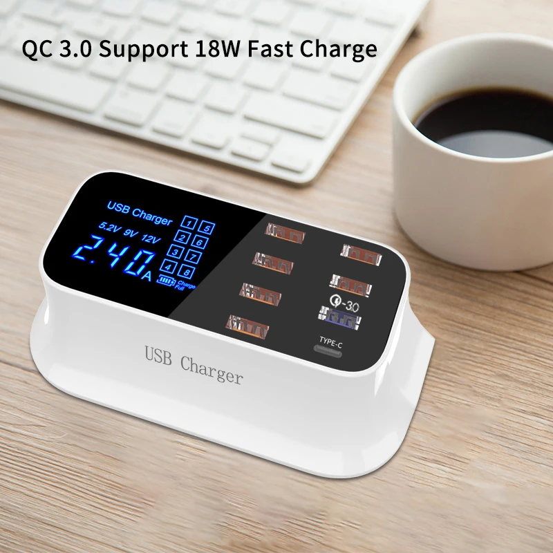 

Portable Multi USB Charger Desktop Quick Charge 3.0 USB Charger Station Dock LED Display Smart USB Type C 8 Ports Charger Hub