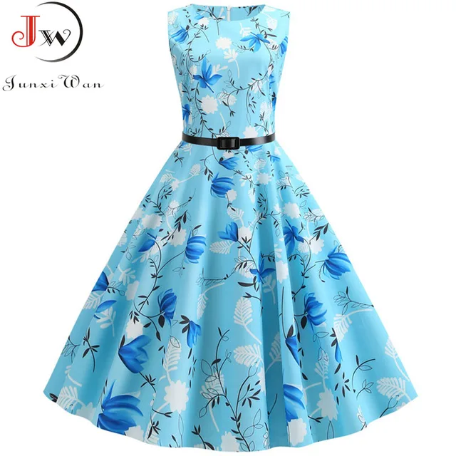 Summer Dress Women Sleeveless Floral Print Vintage Dress Casual Tank Retro 50s 60s Robe Rockabilly Chic Party Dresses Vestidos 1