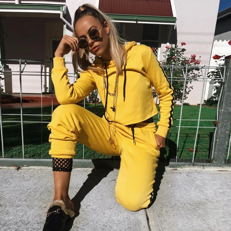 Women Fitness Clothing Outdoor Sport Sets Female long-Sleeved Pants Yellow Hooded Sportswear Autumn Shirt Set Running Clothes