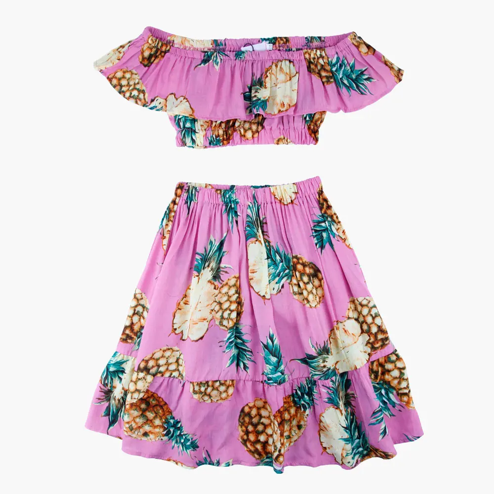 2 шт./компл. летний комплект детской одежды для маленьких девочек с принтом в виде ананаса топ с открытыми плечами+ юбка-пачка с рюшами для девочек платье Пляжное платье, Robe Fille - Цвет: QZ2002Fen