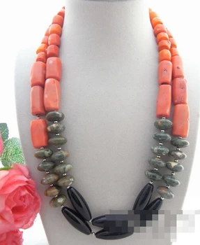 

FREE SHIPPING 1049 2Strds Coral&Ryolite&Onyx Necklace
