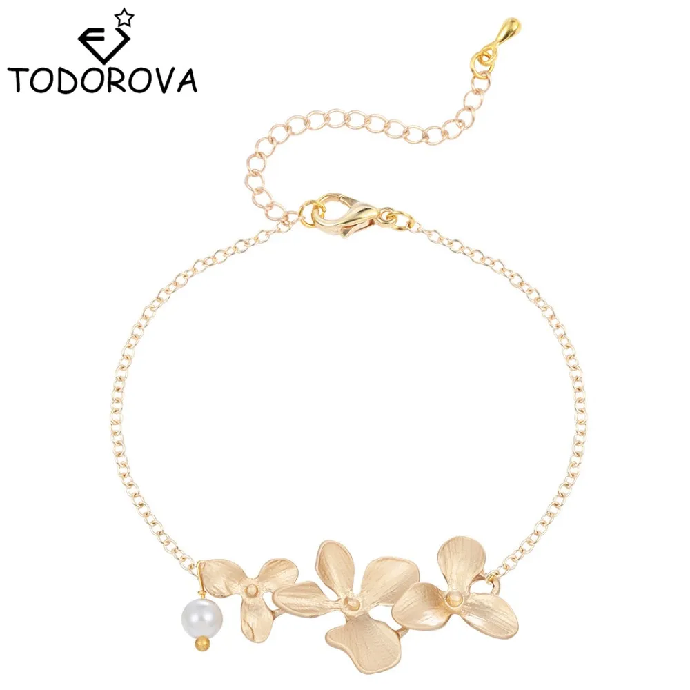 

Todorova Orchid Flower with Simulated Pearl Bracelet for Women Adjustable Bracelet Party Accessories Wedding Bridal Jewelry Gift