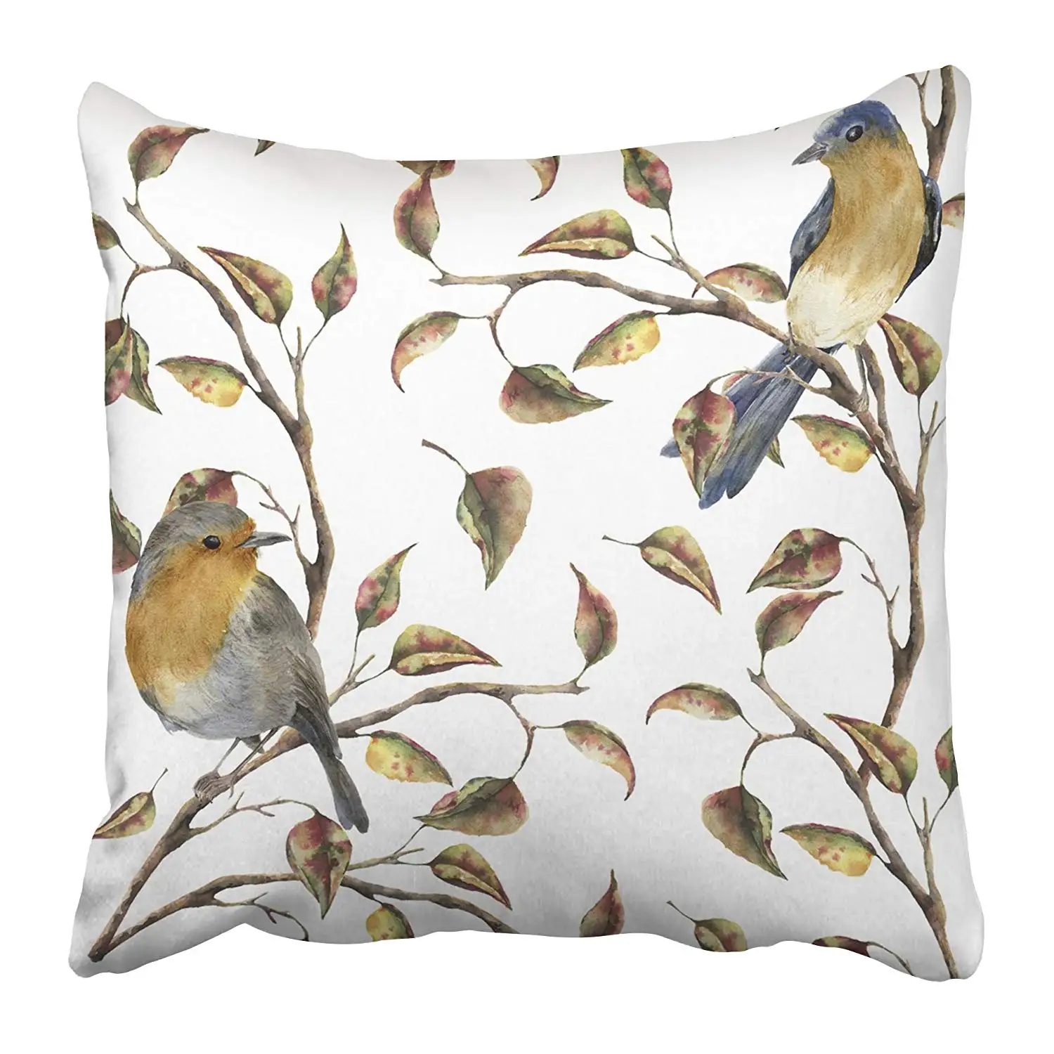 

Throw Pillow Covers 18 x 18 Inches Watercolor with Robin Sitting on Tree Branch Autumn with Birds and Fall Leaves White
