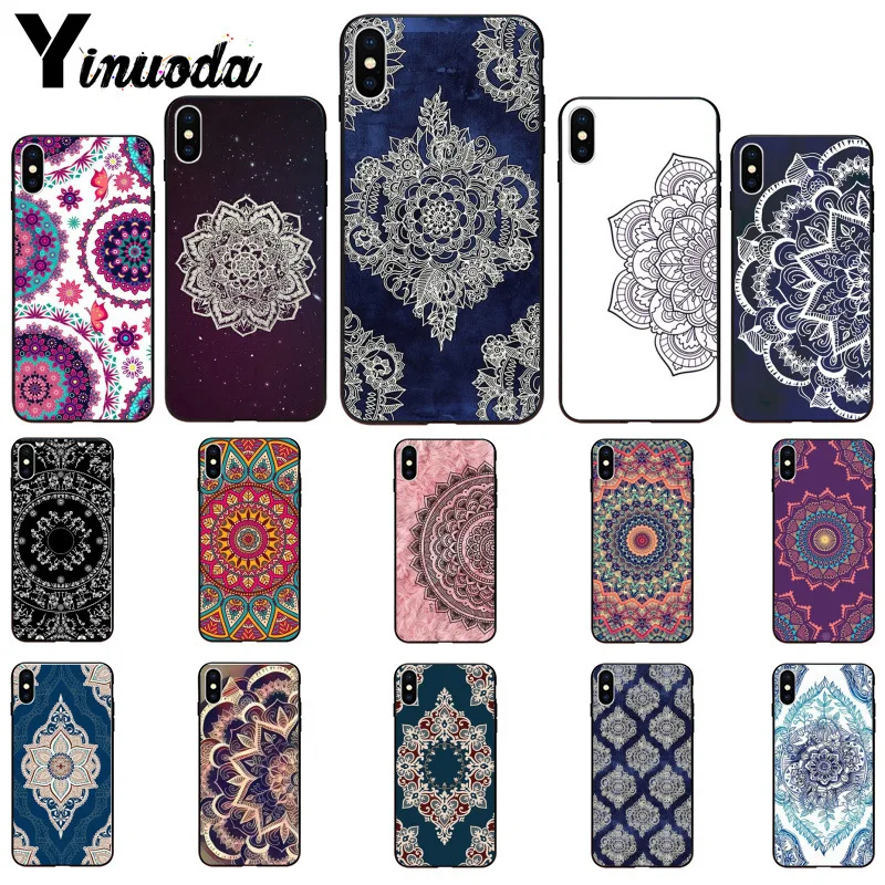Yinuoda Blue totem mandala flower Smart Cover Black Soft Shell Phone Case for iPhone 5 5Sx 6 7 7plus 8 8Plus X XS MAX XR