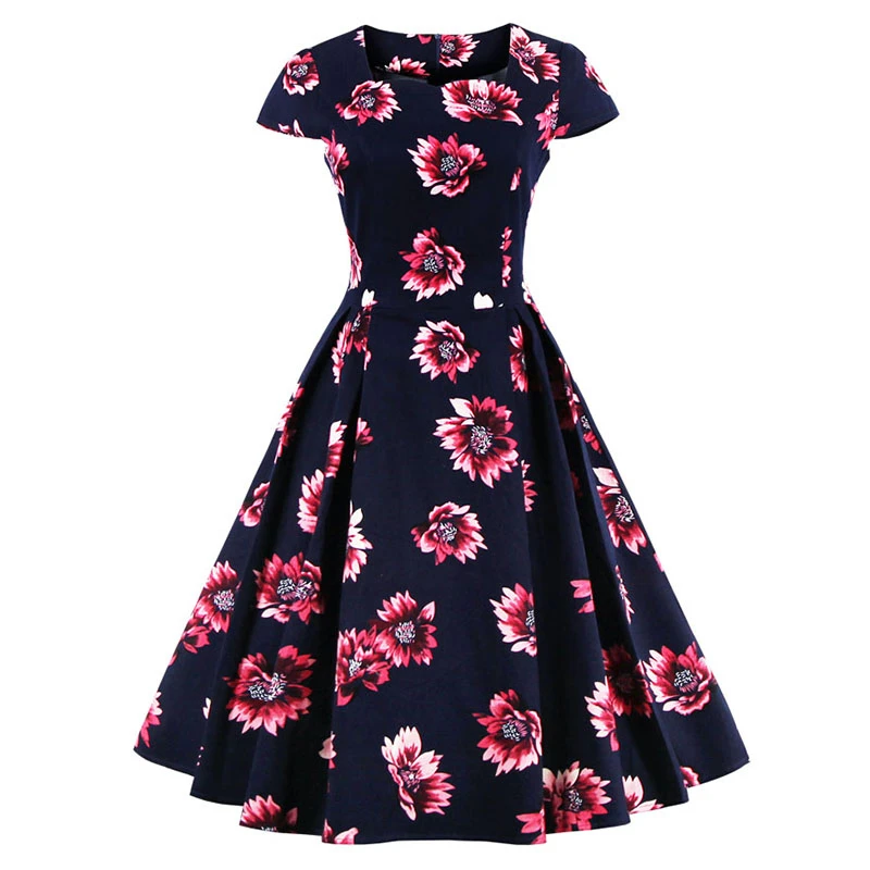 Kostlish Brand 2017 New Summer Dress Women Short Sleeve Slim 50s 60s Vintage Dress Elegant Print Swing Rockabilly Party Dresses (8)