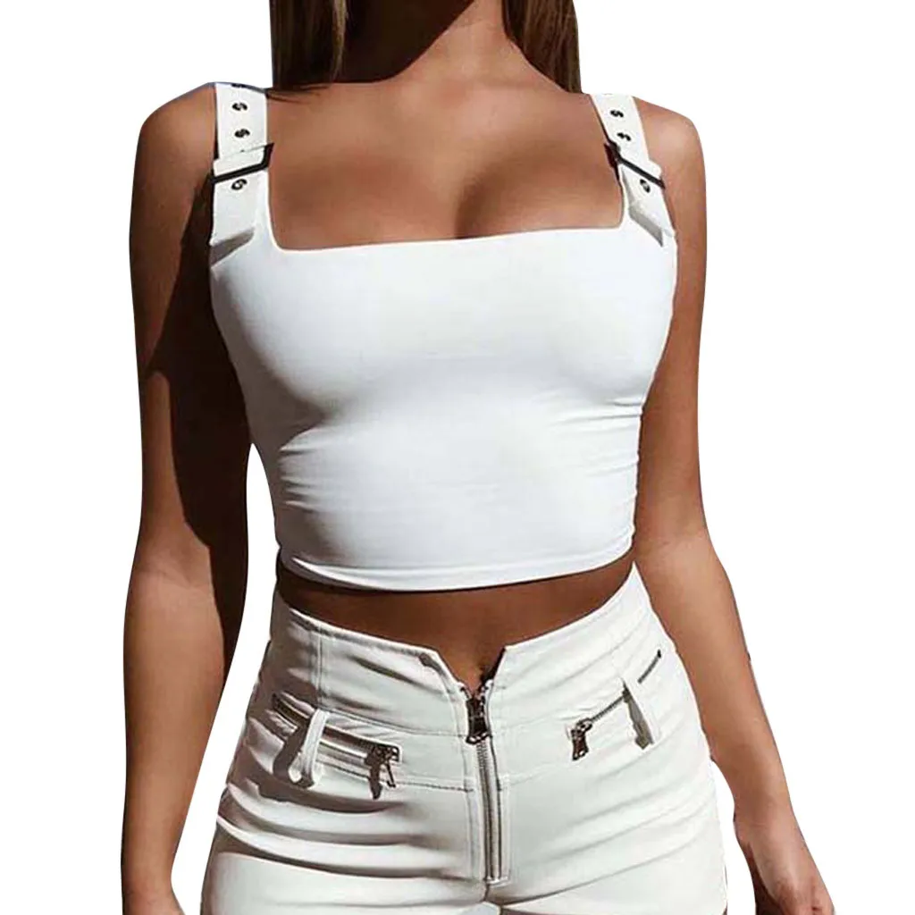 

Womens Tank Tops Sexy 2019 Summer Crop Top Women Vest Beach Solid White Metal Camisole Slim lace Strap Croptops Sleeveless