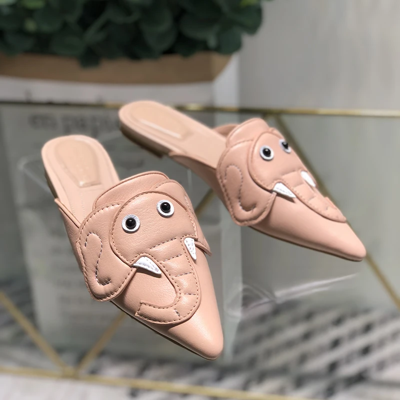 

Chic Spring Summer Shoes Woman Casual Leather Slippers Design Elephant Pointed Toe Lazy Mules Woman Cozy Flats Outside Slippers