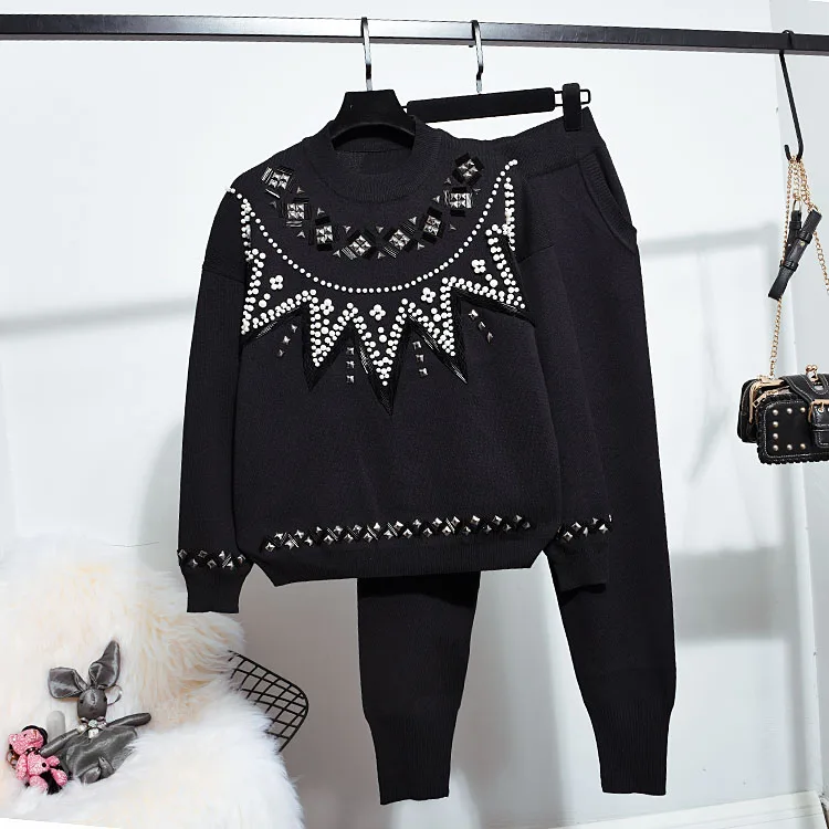 

New Autumn Winter Fashion Women's Sets Rivet Beading Long Sleeve Knitted Tops + Ultra Long Pants Feminine Suits for Students