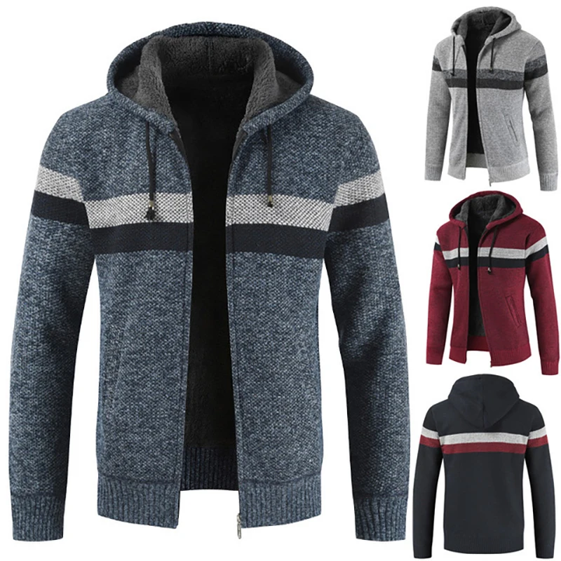 2019 Winter Men Sweater Men's Cardigan Sweater Striped Plus Velvet Thickening Hooded Men's Tide Distressed Sweater Long Sleeve