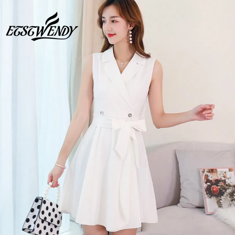 

Summer 2019 Korea Style Fashion Women Dress Sleeveless Sashes Slim Sexy Dress Elegant Female Office Dress White Black Vestidos