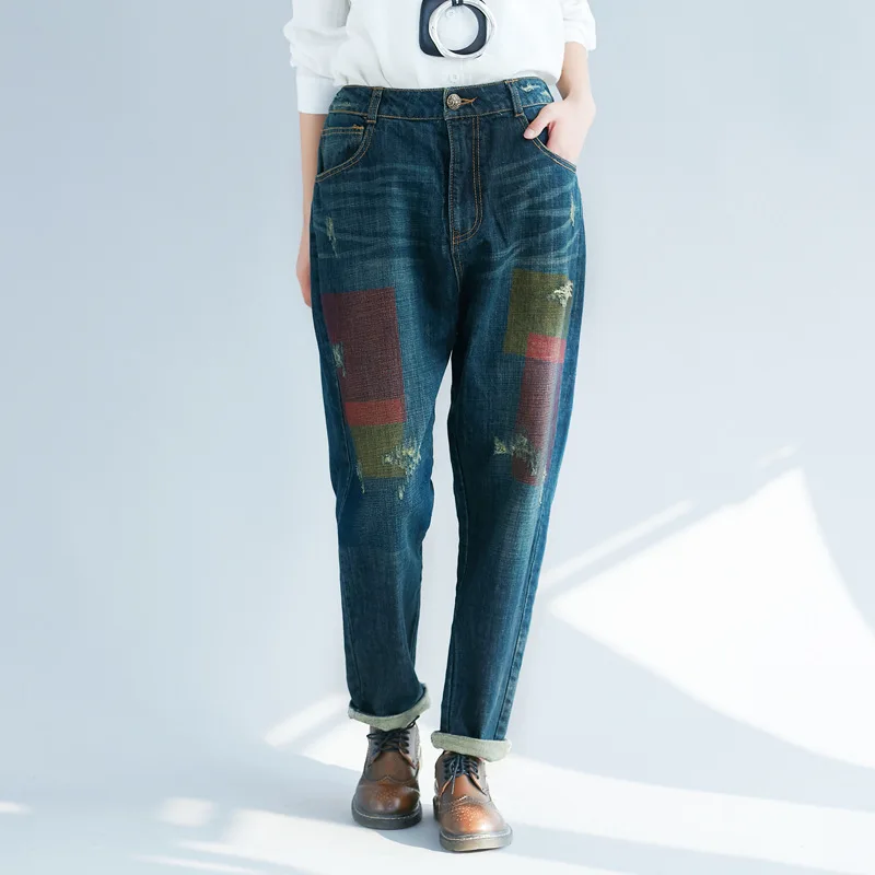 

Elastic Waist denim H Pants Women Spring Vintage Ripped Loose Jeans Pattern Scratched Bleached Wide Leg Denim Trousers YT08