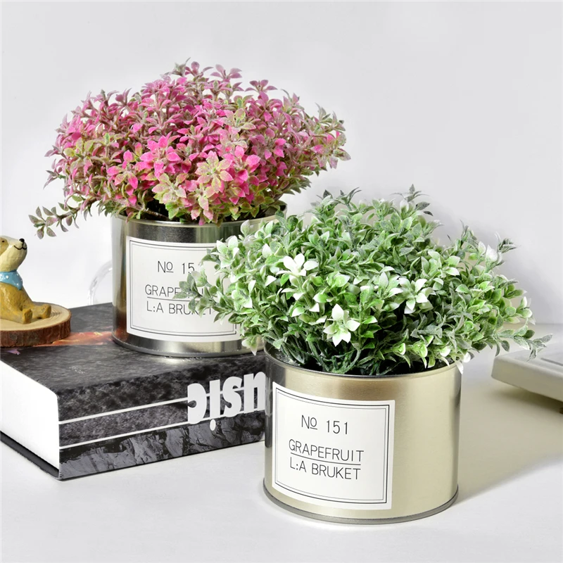 

Artificial Lover Grass Flowers + Iron Vase Simulation Fake Plants Mini Bonsai Set for Wedding Home Garden Farmhouse Decoration