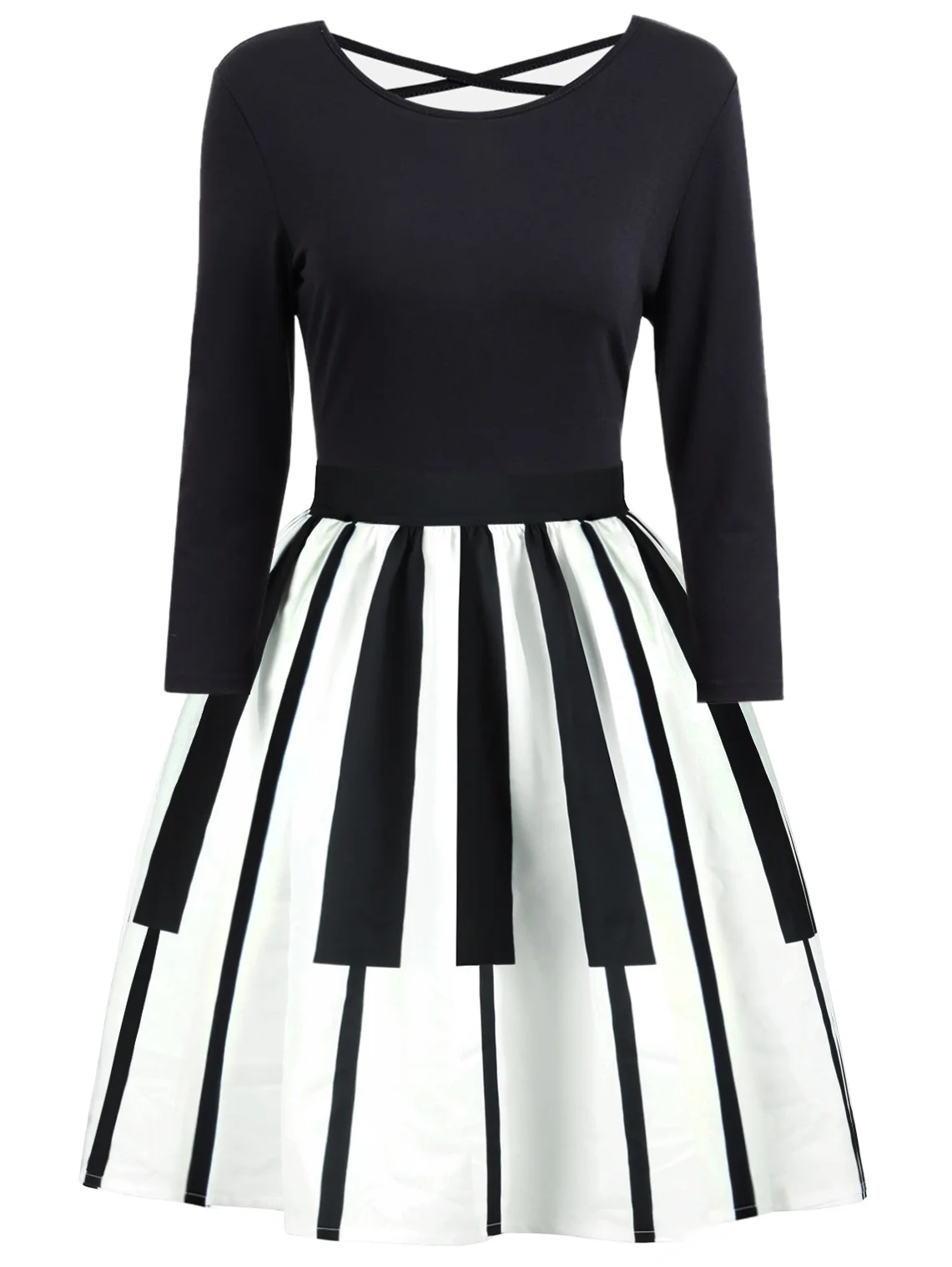 Wipalo Patchwork Piano Keys Print Vintage Dress Women Long Sleeve A