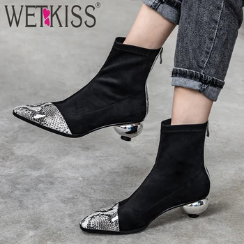 

WETKISS Snake Skin Pu Ankle Boots Women Sexy High Heels Booties Square Toe Shoes Female Stretch Party Sock Shoes Ladies Winter