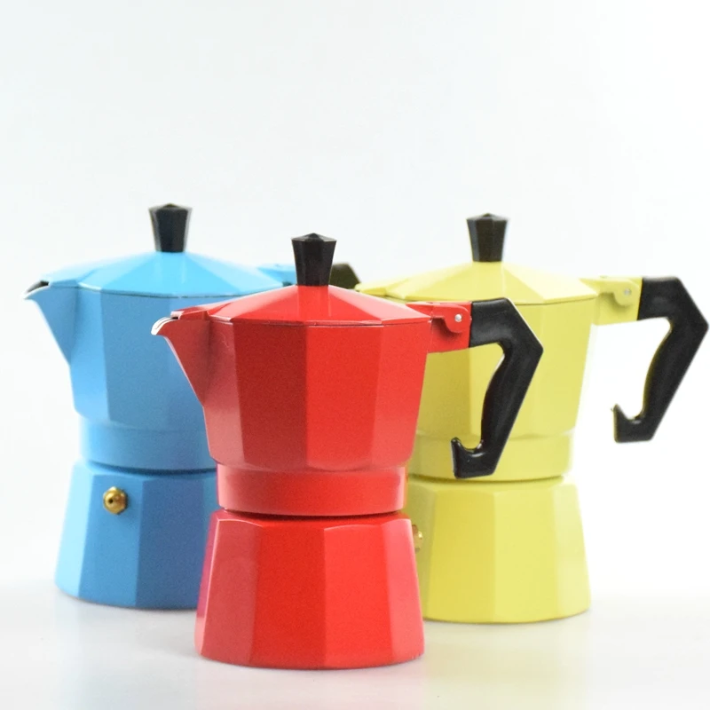 Цветной классический алюминиевый Мока с покрытием 1-3 чашки Эспрессо мокко Перколятор эко кофе красный/желтый/синий Итальянская Кофеварка