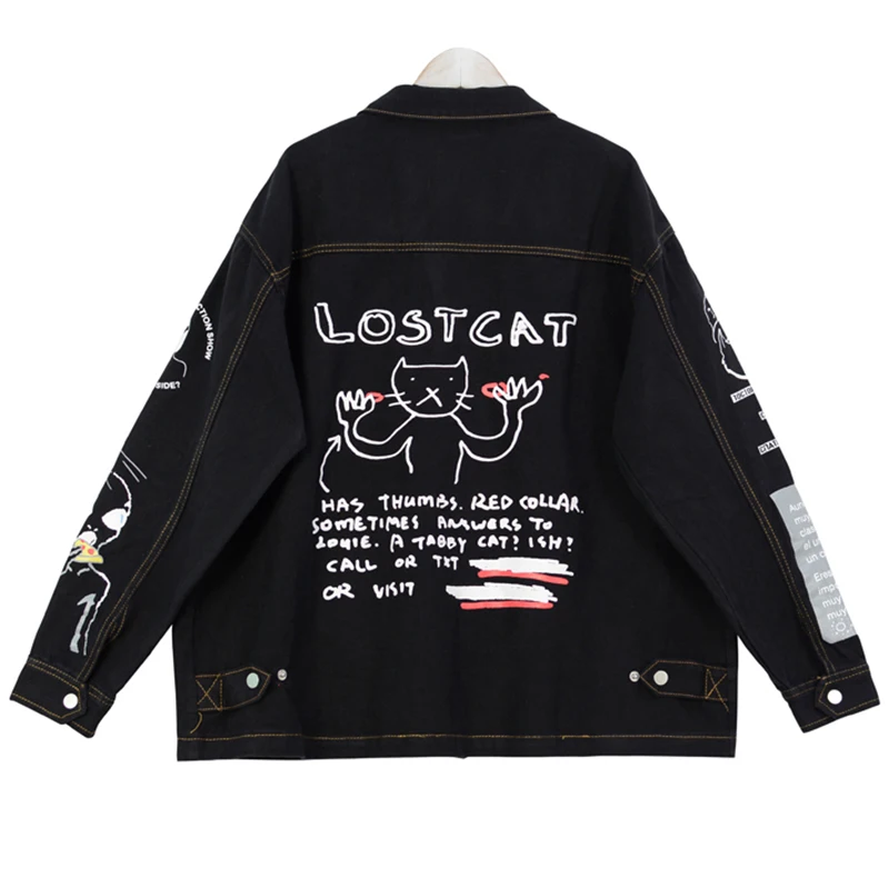 

Letter Printed graffiti Coat Unisex Turn-down Collar BF Denim Jacket Loosen Black Jean Jacket Streetwear casaco feminino