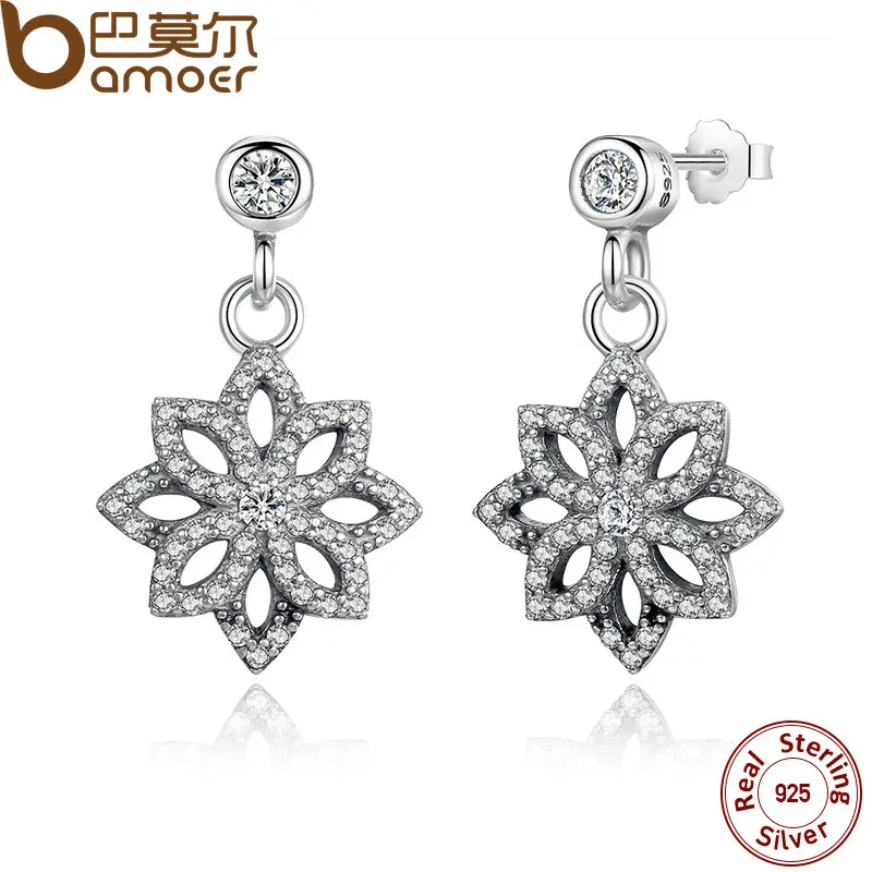 

BAMOER Vintage 925 Sterling Silver Lace Botanique, Clear CZ Floral Motif Drop Earrings for Women Jewelry PAS432