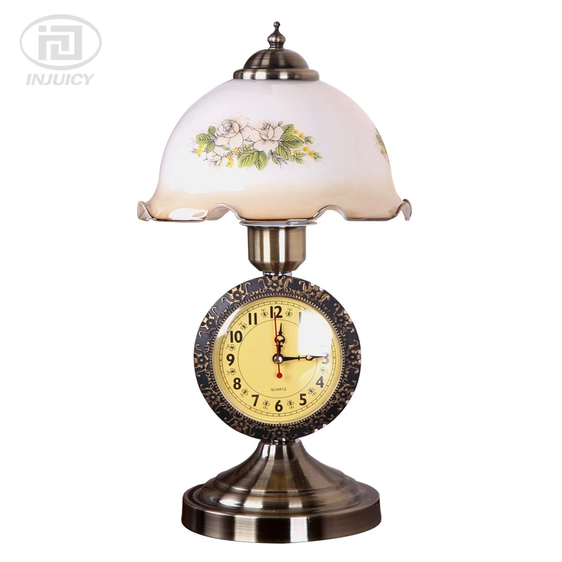 European Style Simple Bedroom Bedside LED Desk lamp Retro Clock Glass