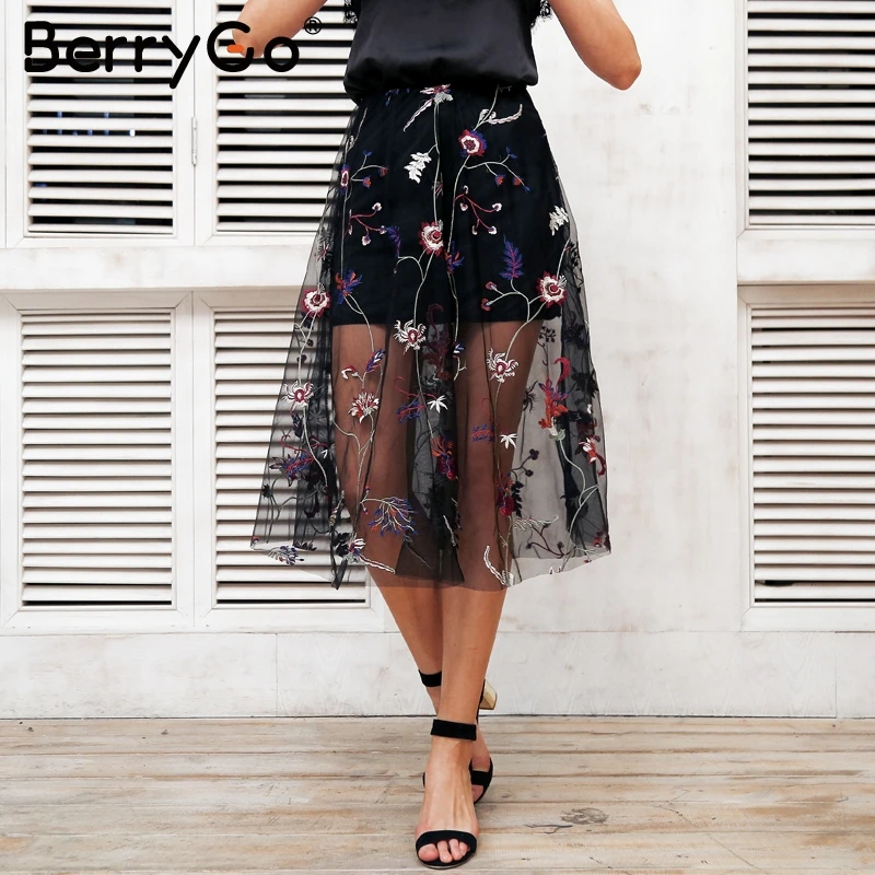 BerryGo Embroidery mesh summer long skirt Women Transparent high waist