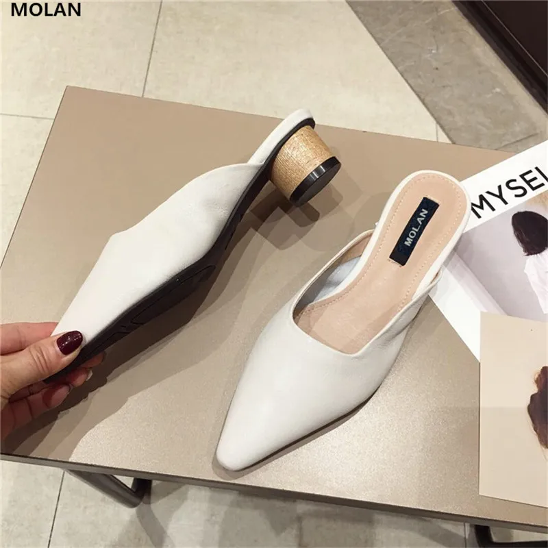 

MOLAN Brand Designers 2019 Autumn New High Quality Med Heels Ladies Leather Pumps Retro Slip On Loafers Mules Flip Flops Casual