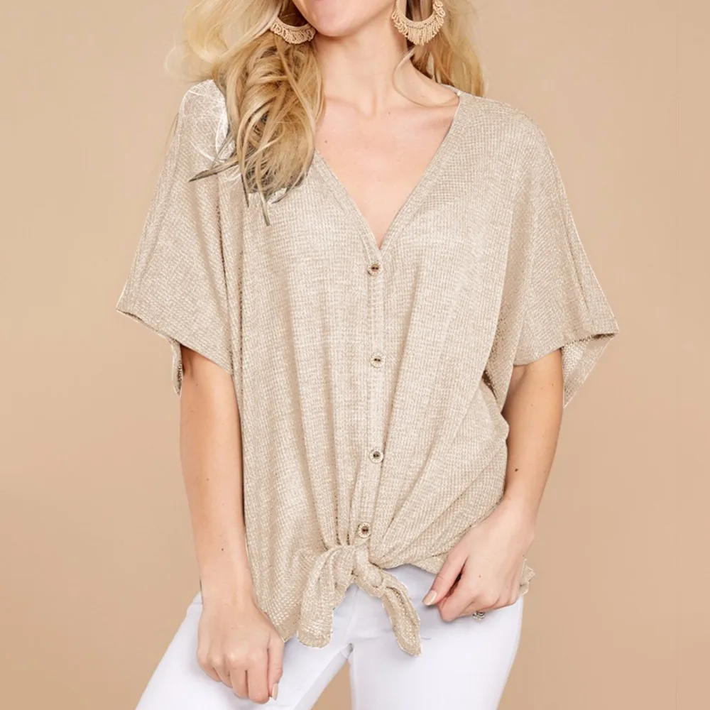 Hot Sale European and American Style Solid Color Short Sleeve Shirts Blouse Cotton Blend 2018 V Neck Cardigan Style Blouse Women (16)