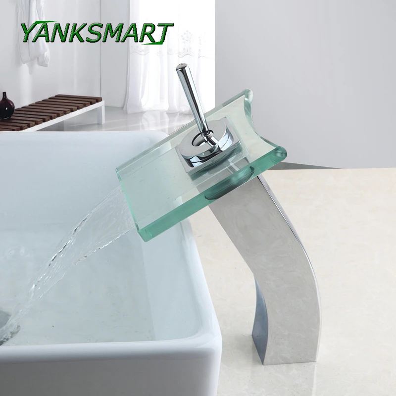 

YANKSMART RU Waterfall Faucets Bathroom Basin Faucet Glass Deck Mount Single Handle Tap Brass Water Mixer Taps Wide Spout Water