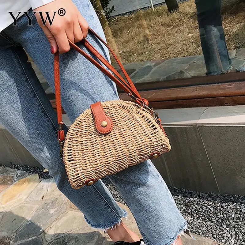 Straw Messenger Bag for Women Brand Luxury Half Moon Crossbody Bag