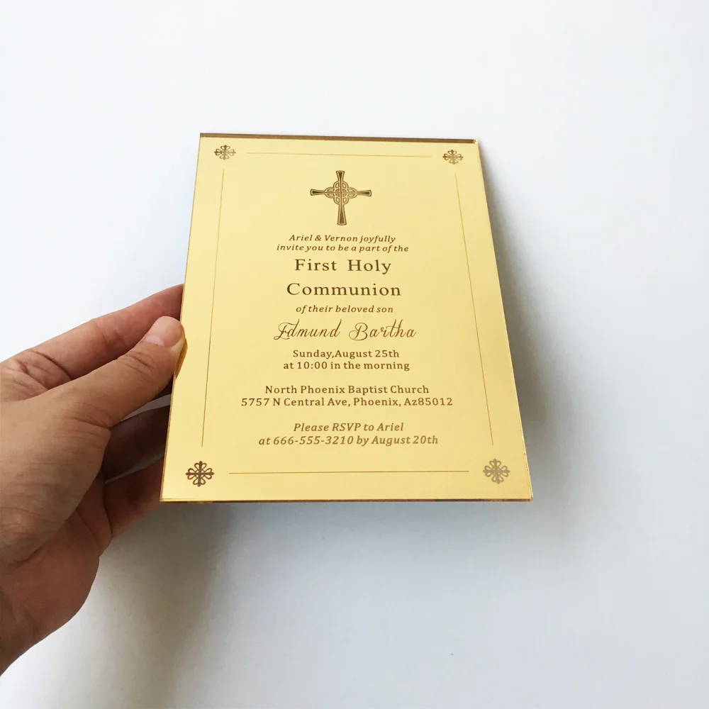 Us 2600 Disesuaikan 5x7 Inch Emas Cermin Acrylic Pertama Kudus Komunibaptisanpembaptisan Kartu Undangan 100 Pcs Per Banyak In Kartu Undangan