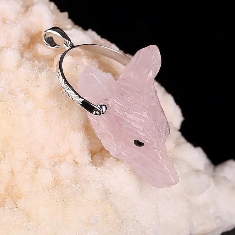 

Natural Gemstone Rose Quartz Carved Wolf Head Pendant 925 sterling silver Necklace 30x23x11mm, 9.4g