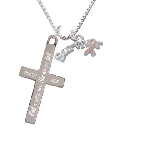 Survivor with Pink Ribbon - She will not Fall - Cross Necklace (1)