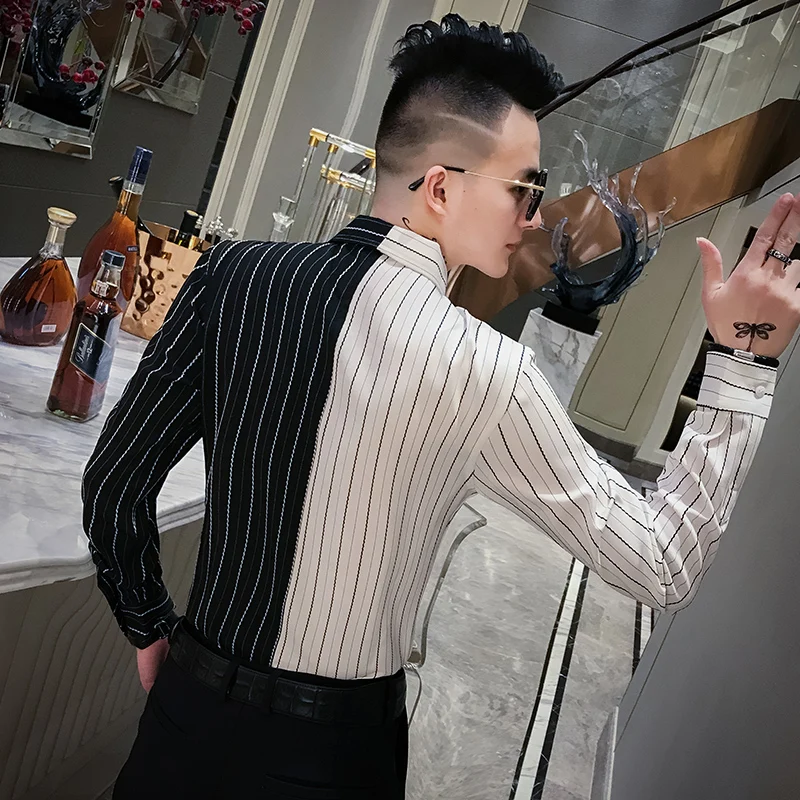 Goede Herfst Nieuwe Smoking Shirt Persoonlijkheid Patchwork Gestreepte Shirts Voor Mannen Kleding 2019 Lange Mouw Heren Causale Shirts Slim Fit Jurk