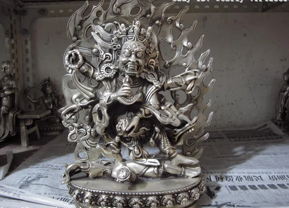 

10.5 Tibet Buddhism Temple White copper silver Six arms Mahakala Buddha Statue