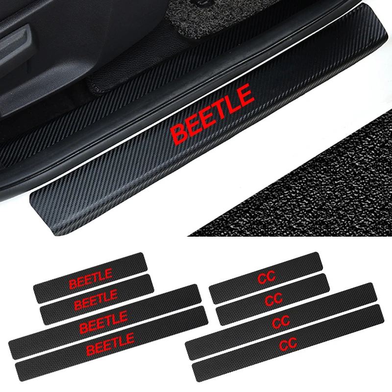 

4Pcs 3D Carbon Fiber Car Sticker Black Car Door Stickers Sill Scuff Cover Anti Scratch Decal For VW Volkswagen BEETLE CC
