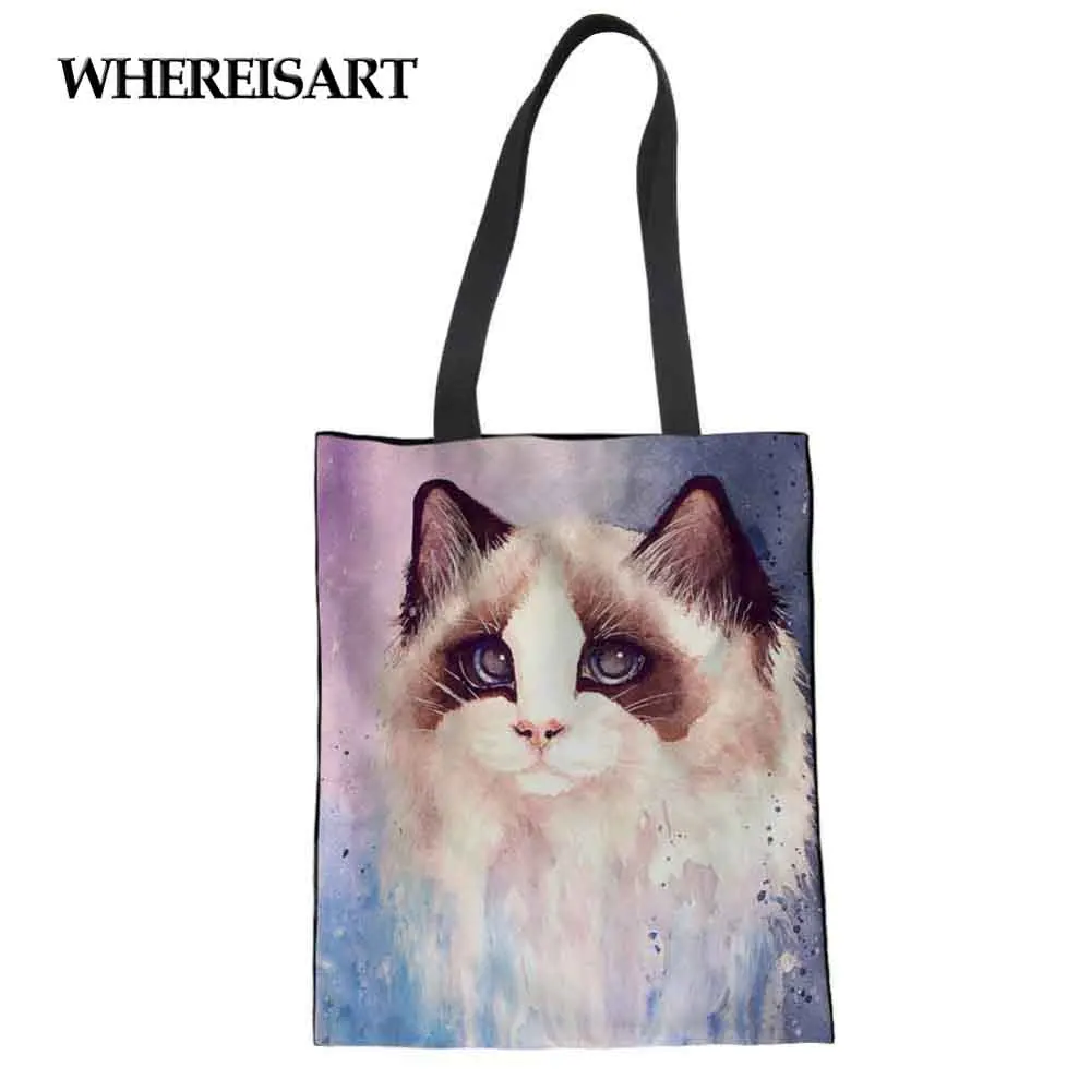 

WHEREISART Cat Painting Lady Reusable Cotton grocery Shopping Bag Women Men Handbags Canvas Tote bags Webshop Eco Foldable