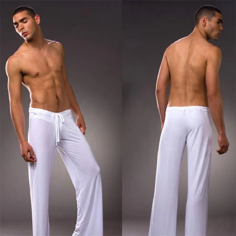 Для йоги, ледяной шелк, тонкие с низкой талией, дышащие мужские сетчатые штаны для сна, прозрачные домашние штаны, сексуальные марлевые бесследные штаны для сна