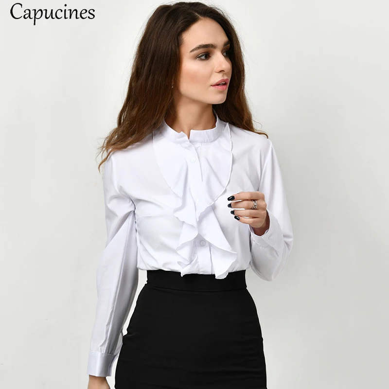 

Capucines 2019 spring and summer solid color long-sleeved shirt round neck wooden ears sweet office girl shirt