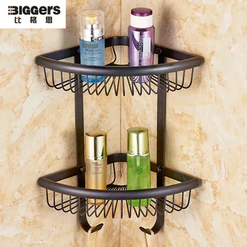 

Free shipping,Luxury retro black bronze finish copper material bathroom corner shelf double tier shower basket shelf with hook