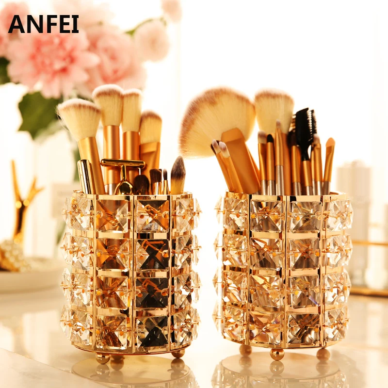 ANFEI jewelry brush holder box gold round glass diamond jewelry makeup
