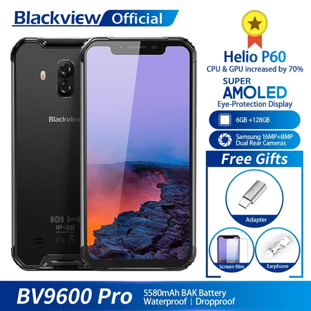 Blackview BV9600 Pro Водонепроницаемый мобильный телефон с IP68 Helio P60 6 ГБ + 128 ГБ 6,21 "19:9 FHD AMOLED 5580 мАч Android 8,1 смартфон с NFC