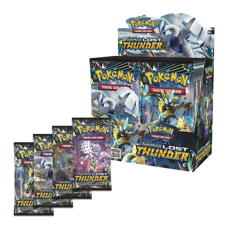 Baratos 36 paquetes por caja Pokemon TCG Tarjeta de edición en inglés Pikamon Pokemon Sun Moon Lost Thunder suplemento paquete niños juguete regalo