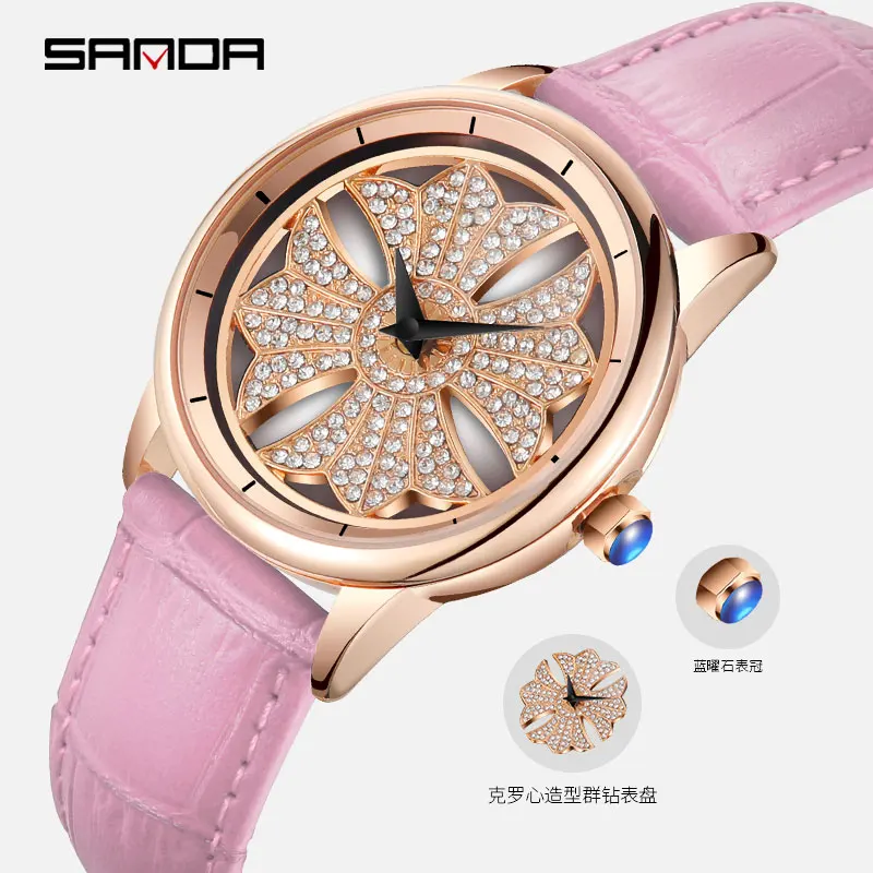 

Sanda turned the leather watch 2019 round fashionable lady quartz watch does not show the steel pin buckle leisure wristwatch