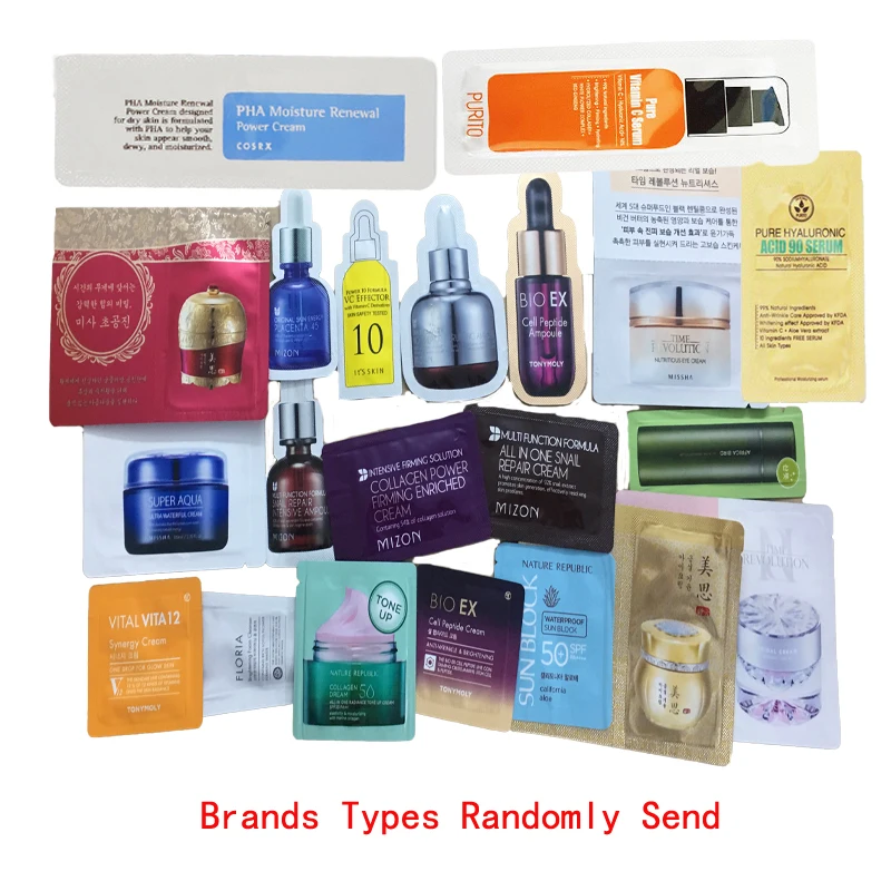 

Korea Cosmetics Samples 30pcs MISSHA MIZON COSRX PURITO Hydrating Cream Anti Wrinkle Facial Serum Eye Cream Randomly Send