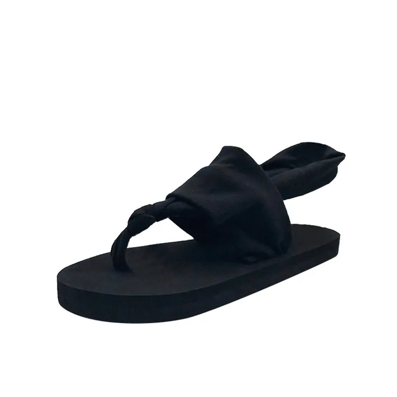 Горячая распродажа; женские сандалии в полоску с круглым носком на плоской подошве; толстые нижние сандалии; женская Тканевая обувь на плоской подошве; летняя пляжная обувь - Цвет: Черный
