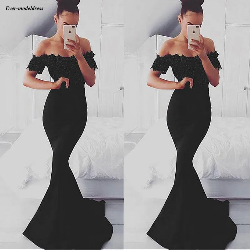 

Off Shoulder Black Evening Dresses Mermaid 2019 Long Lace Appliques Beaded Zipper Back Prom Party Gown Robe de soiree Cheap