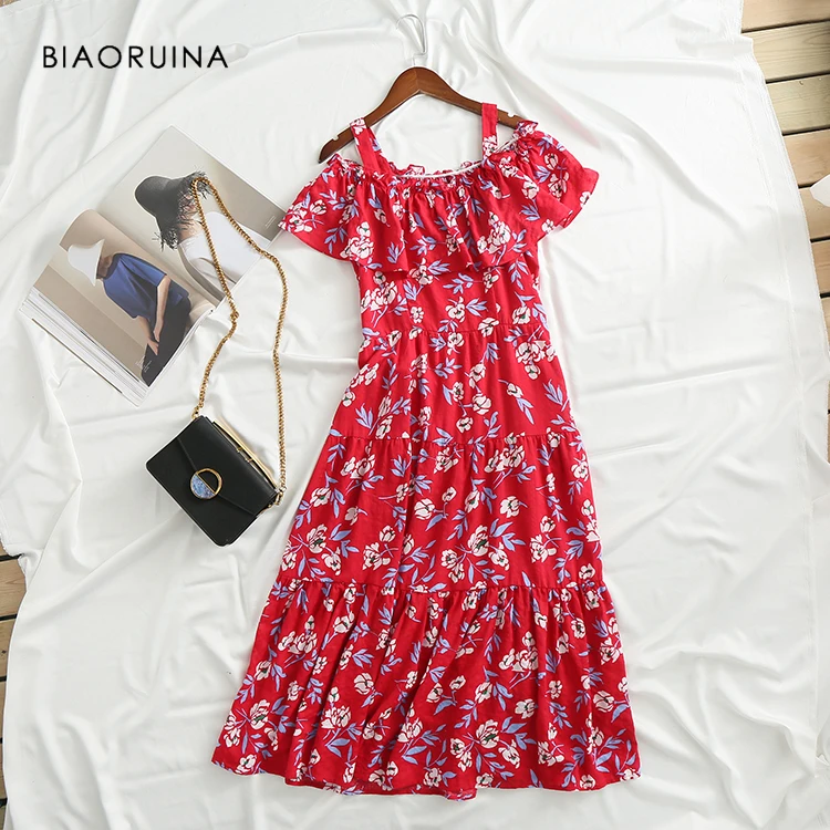 

BIAORUINA Women's Elegant Floral Printed A-line Long Dress Off The Shoulder Slash Neck Ladies High Waist Summer Sweet Dress