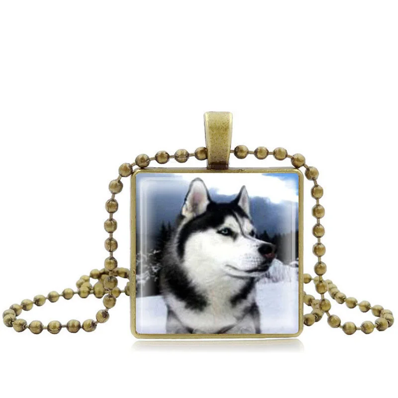 

XUSHUI Vintage Jewelry necklaces & pendants Siberian Husky Dog Square Glass Cabochon Pendant Statement Long Chain Necklace Women